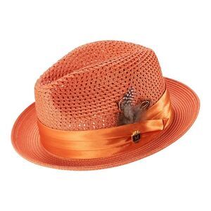 MONTIQUE MEN'S SALMON COLOR PINCH BRAIDED FEDORA WITH MATCHING SATIN RIBBON. H34